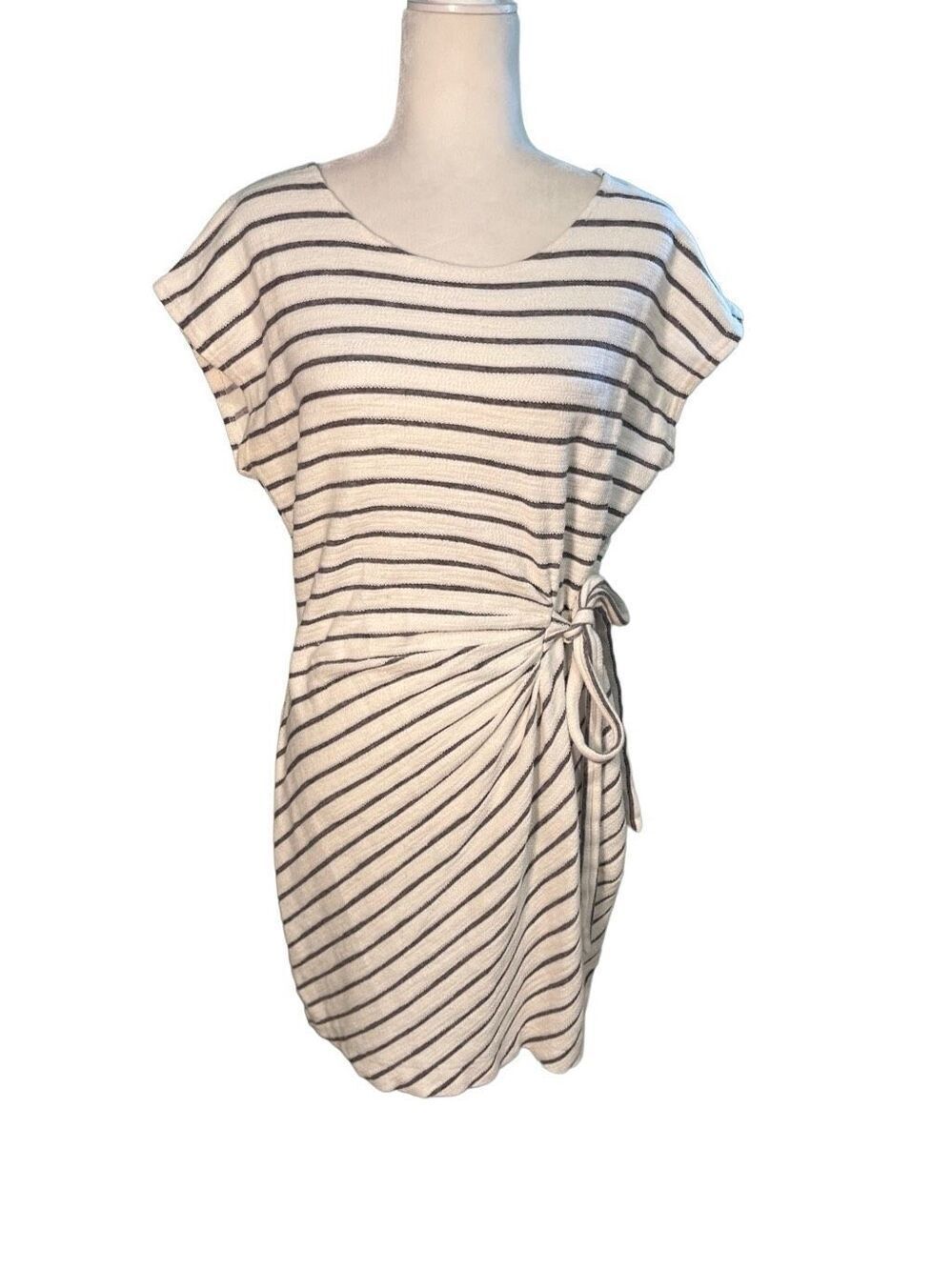 LOFT white and gray striped knit cotton faux wrap dress with cap sleeves - M